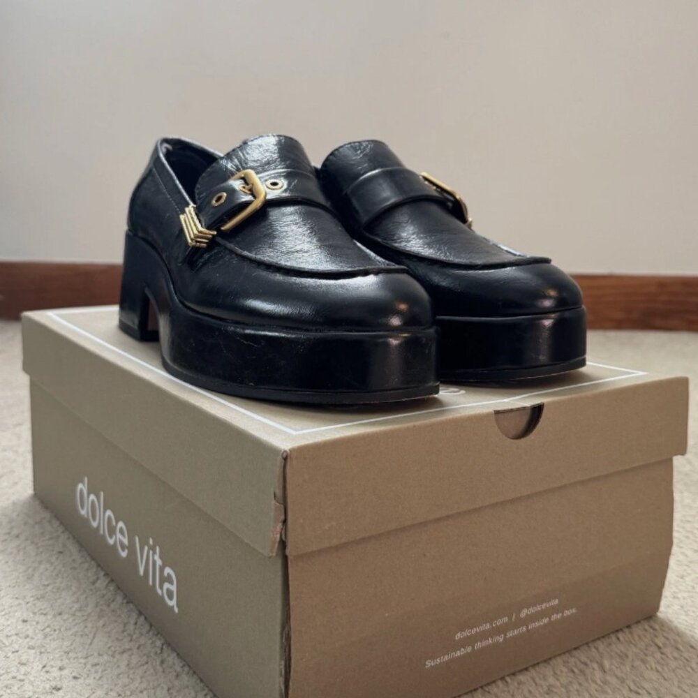DOLCE VITA Yonder Midnight Crinkle Patent Platform Loafer Women’s Size 9.5
